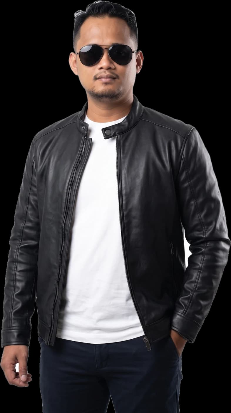 Foto Ahmad Rio mengenakan jaket kulit hitam